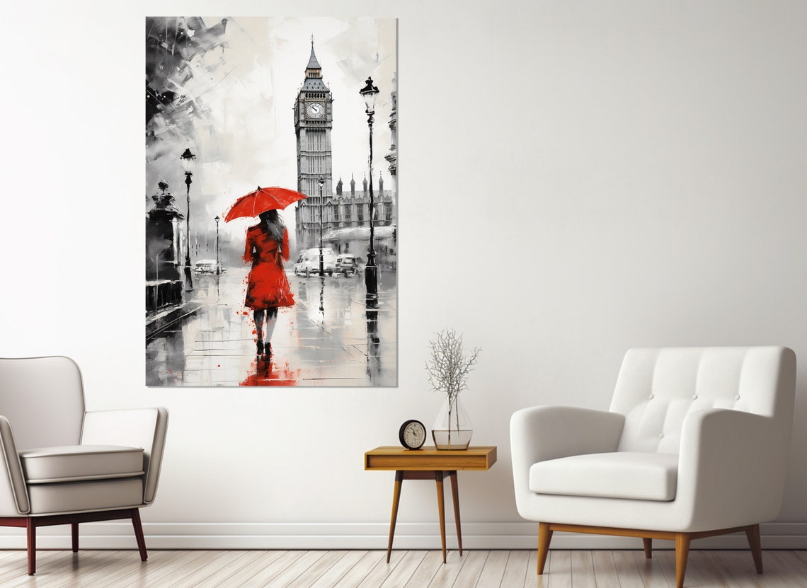 Scenic London Painting Print Woman In Red With Umbrella In London Wall Art Abstract London Poster Framed And Ready To Hang - Image 2