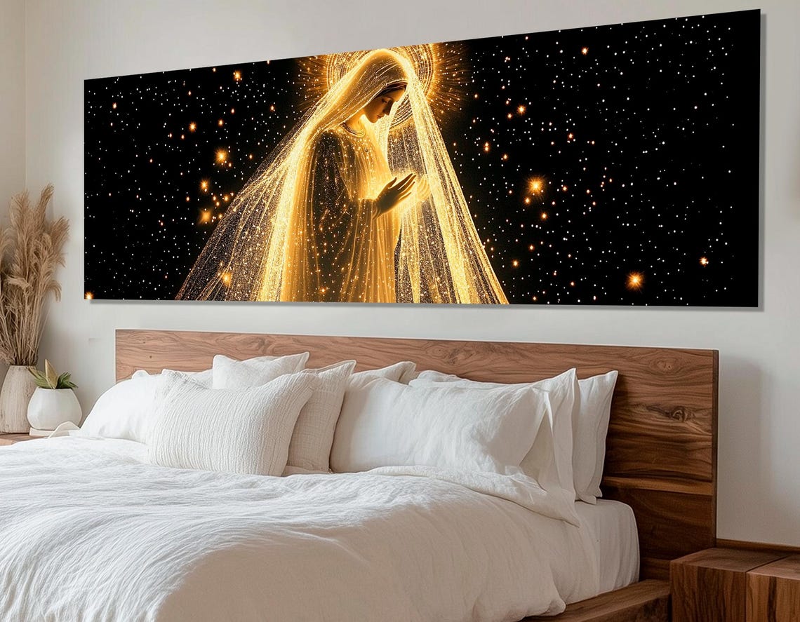 Virgin Mary Golden Veil Starry Night Glowing Religious Wall Art Print - Image 3