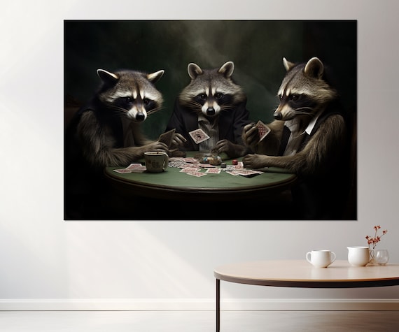 Raccoons Playing Poker Table Cards Chips Funny Animal Night Wall Art Poster