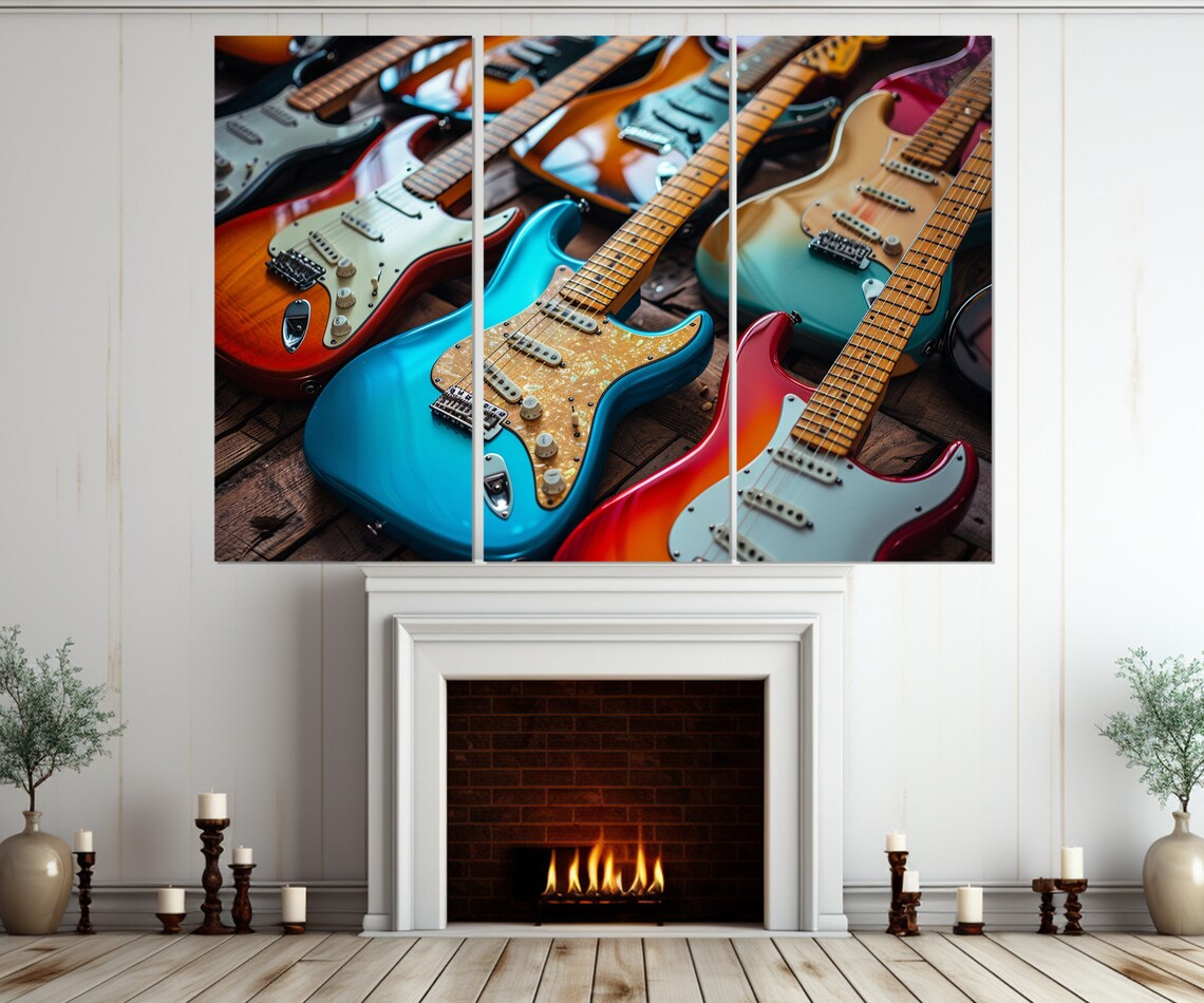 Colorful Electric Guitars Collection Close Up Music Studio Instruments Wall Art Print - Image 4
