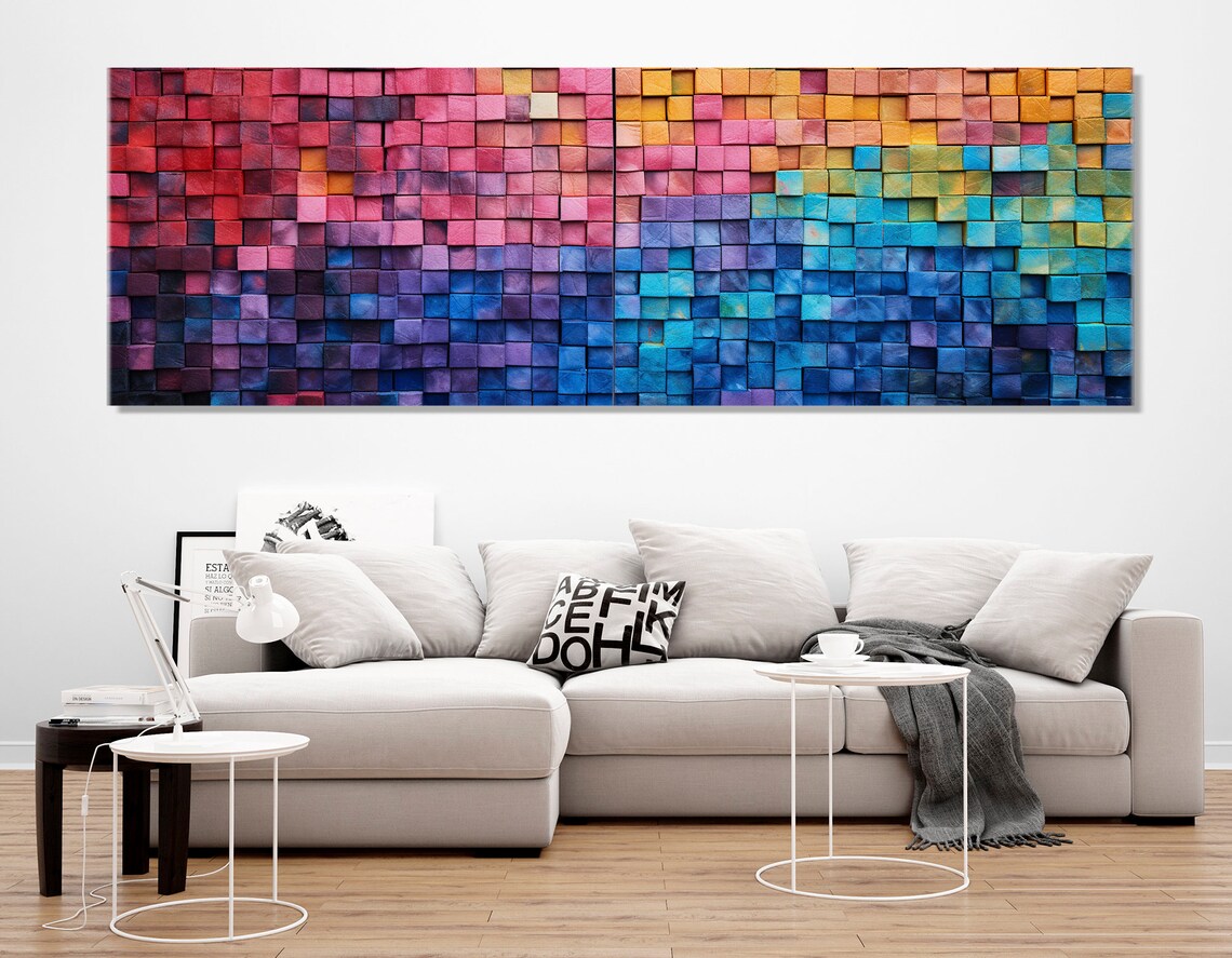 Colorful 3D Mosaic Tile Gradient Sunset To Ocean Abstract Art Poster - Image 2