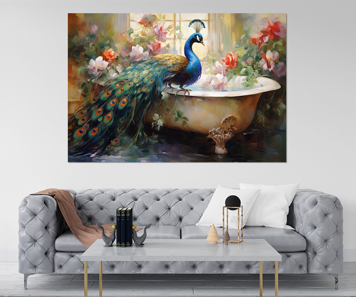 Elegant Peacock Perched On A Vintage Bathtub Among Roses Poster - Image 4