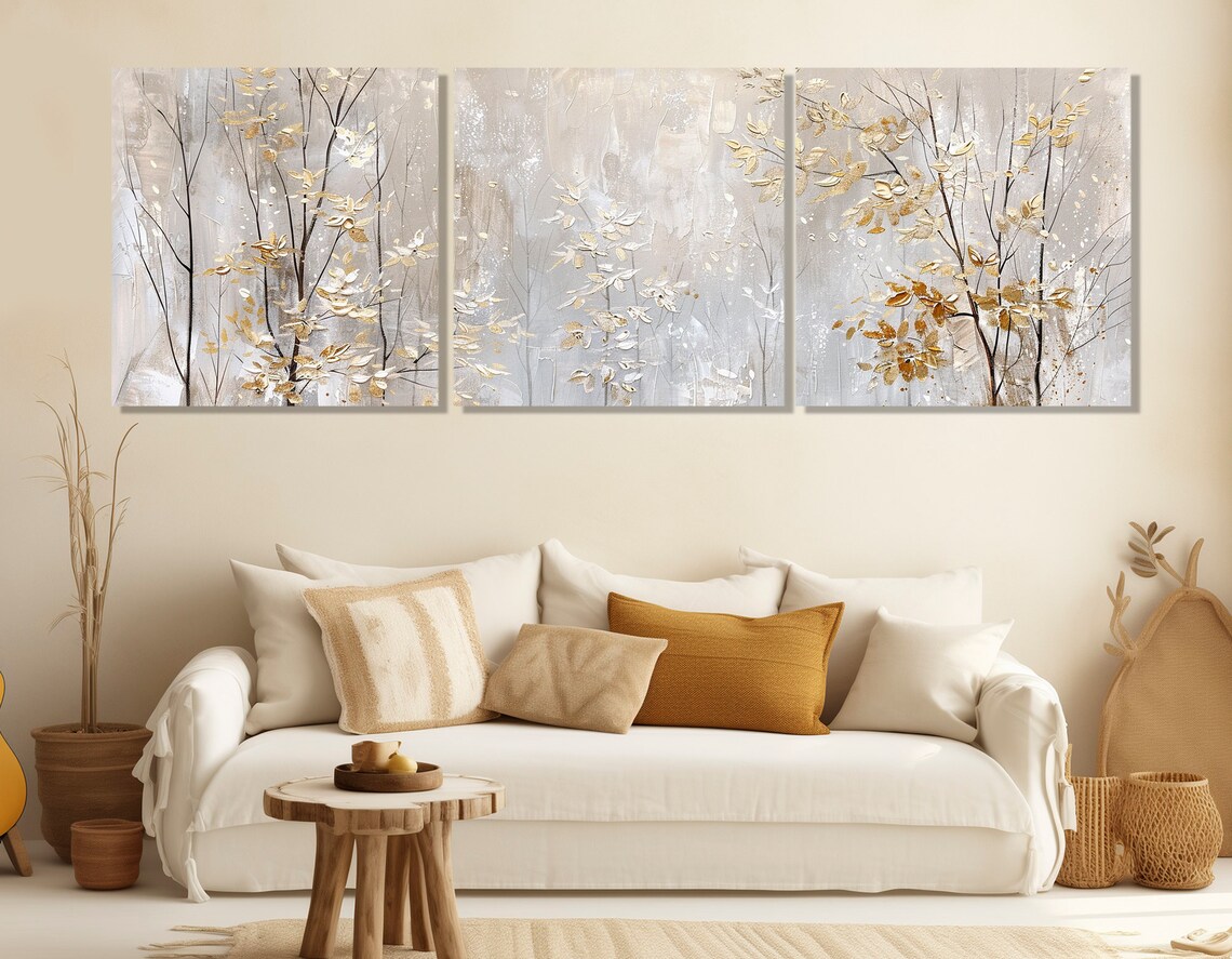 Winter Trees With Golden Leaves, Neutral Forest Art Print - Image 3