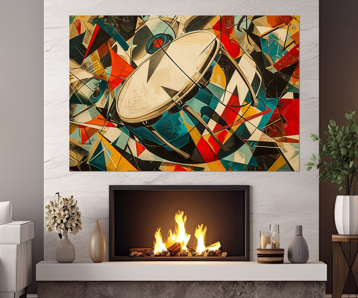 Abstract Cubist Drum Geometric Red Teal Modern Music Room Wall Art Poster - Image 2