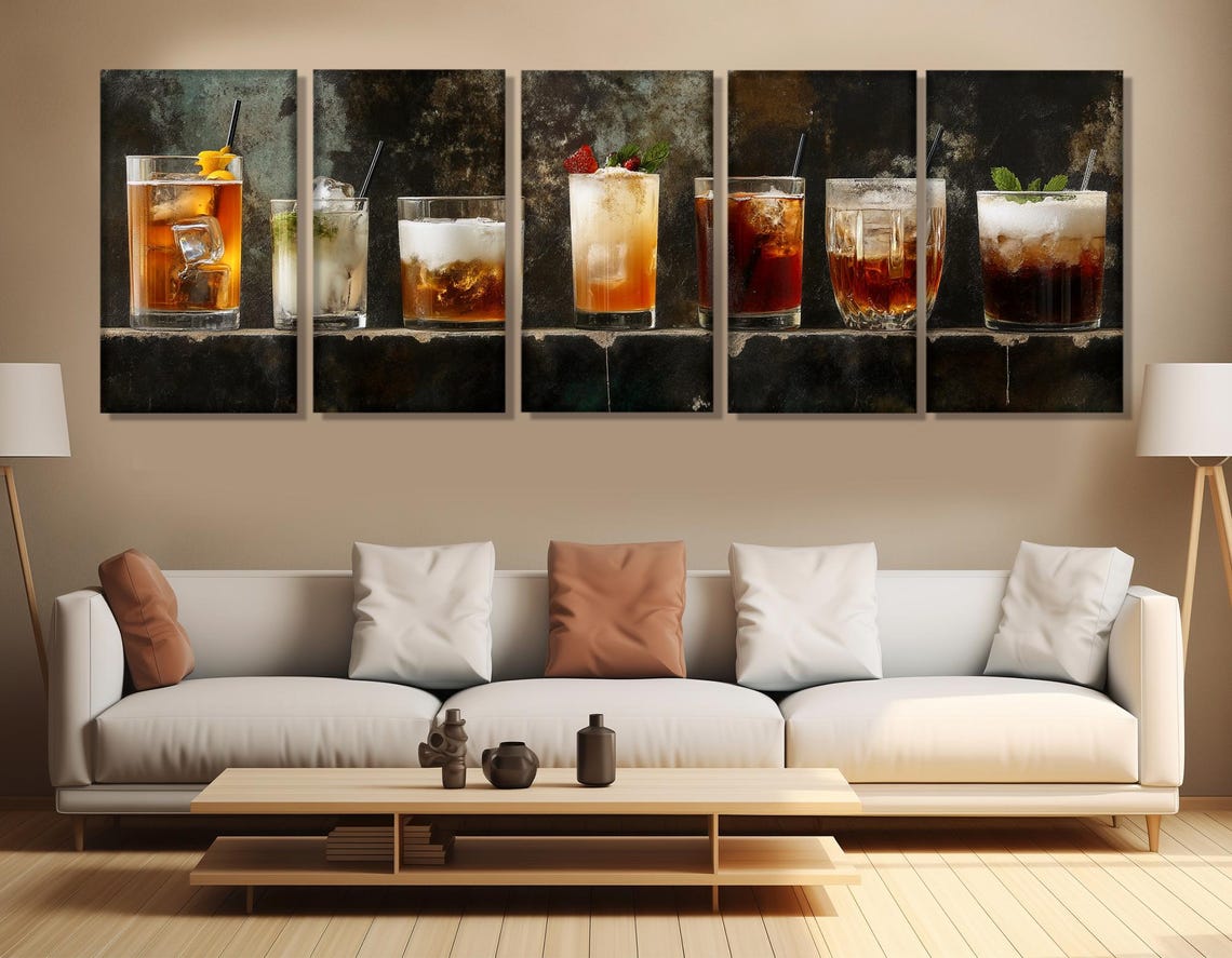 Cocktails Row Dark Bar Ledge Colorful Drinks Panoramic Wall Poster - Image 2