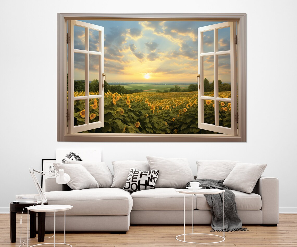 Open Window With Sunflowers Field View Art Print