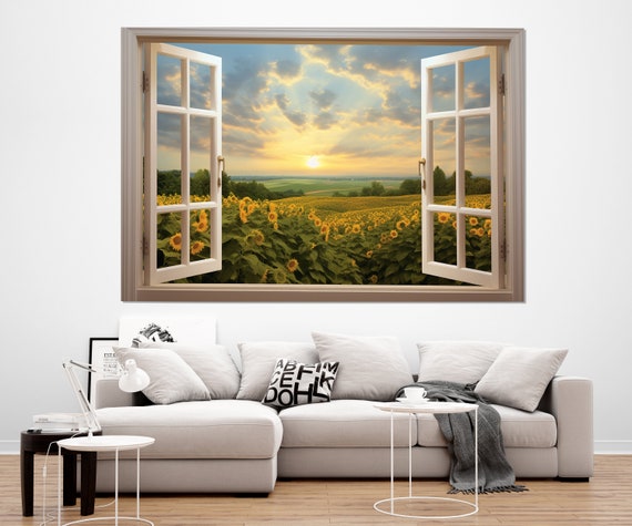 Open Window With Sunflowers Field View Art Print