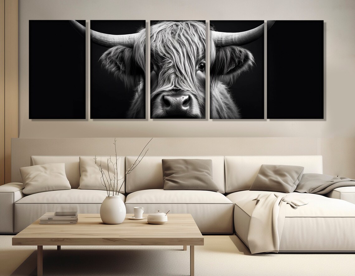 Highland Cow Modern Black and White Scottish Art Print - Image 3