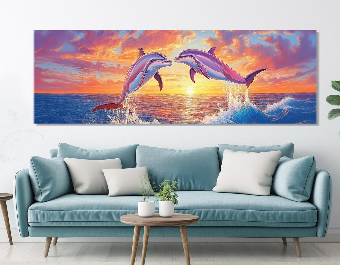 Dolphin Couple Leaping At Sunset Vibrant Ocean Waves Colorful Wall Art