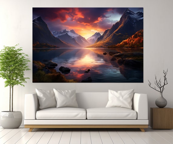 Fjord Sunset Painting Print Norway Wall Art Fjord Colorful Painting Fjord Wall Art Norway Painting Framed And Ready To Hang