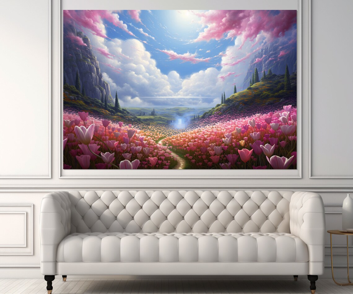 Dreamy Pink Tulip Valley Fantasy Landscape With Winding Path Poster - Image 2