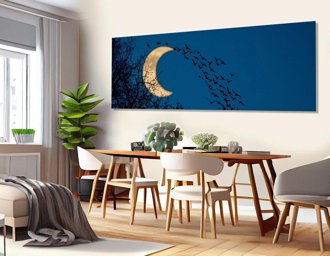Crescent Moon Night Sky Flock of Birds Silhouette Dark Blue Art Poster - Image 3
