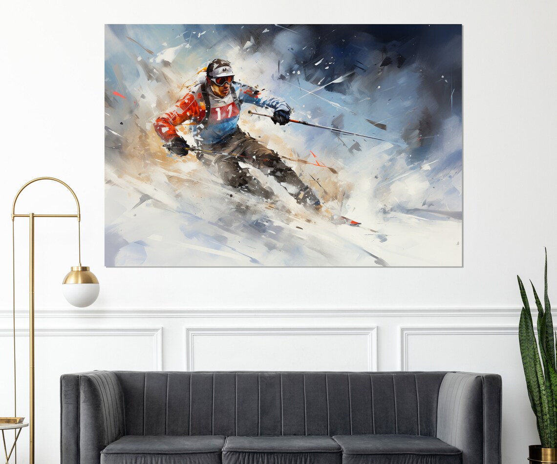 Skier Racing Downhill In Dynamic Abstract Watercolor Skiing Poster