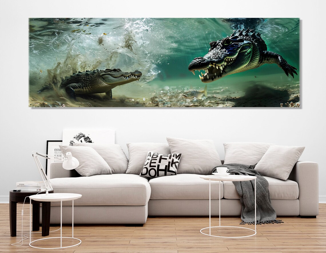 Two Crocodiles Swimming Underwater Dramatic Predator Wildlife Poster
