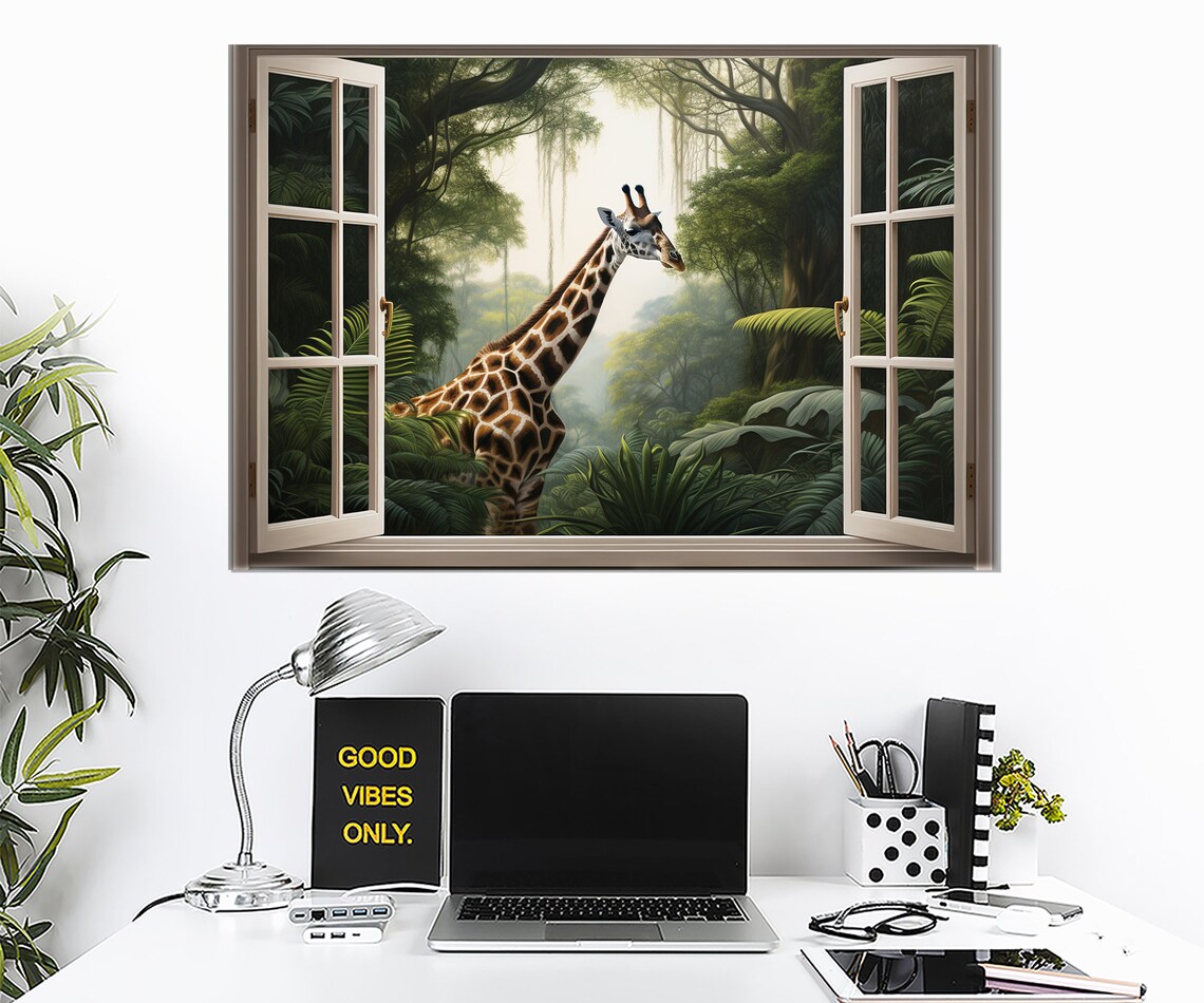 Giraffe Jungle Open Window Lush Green Forest Curious Wildlife Poster - Image 3