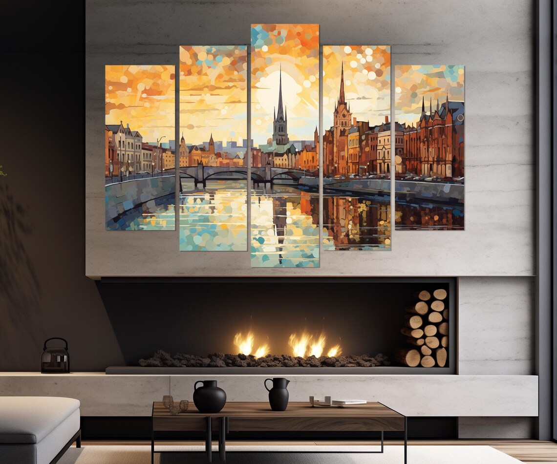 Dublin Ireland River City Skyline Bridge Golden Sky Painting Poster - Image 4