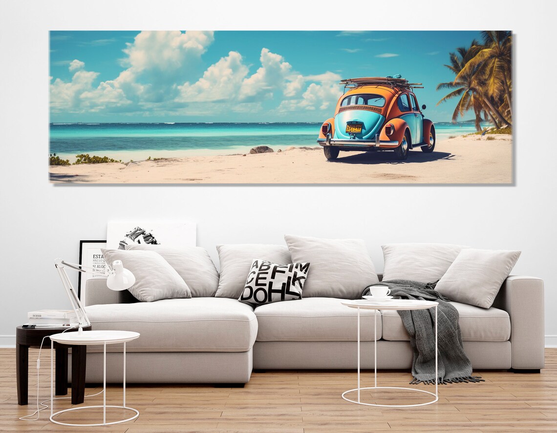 Cancun Beach Retro Volkswagen Beetle Surfboard Tropical Shore Poster