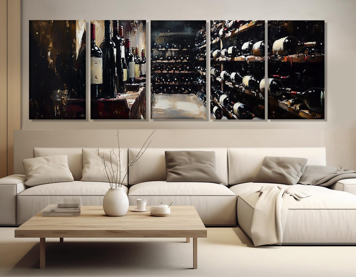 Vintage Wine Cellar Rows Of Bottles Dark Painted Panoramic Poster - Image 3