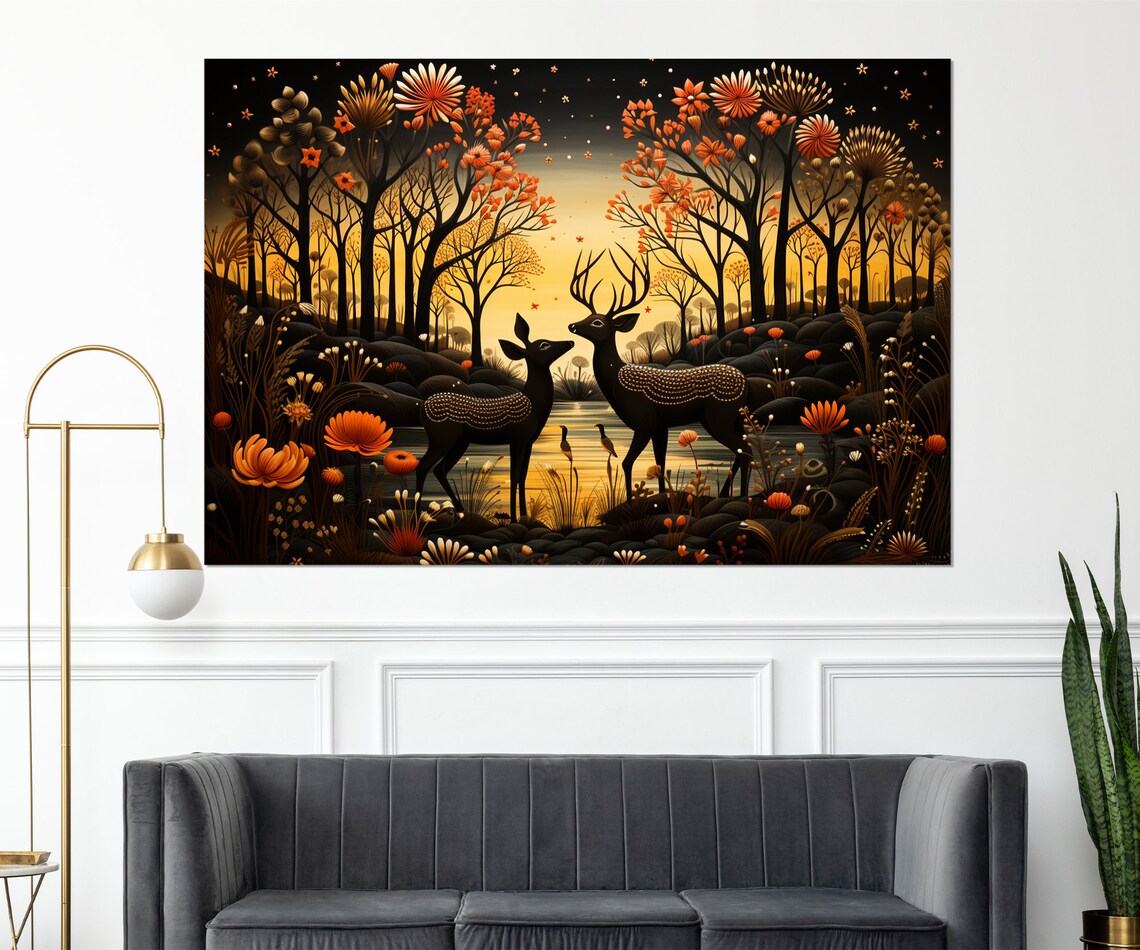 Two Dark Deer In Autumn Sunset Forest Fantasy Wall Decor Poster