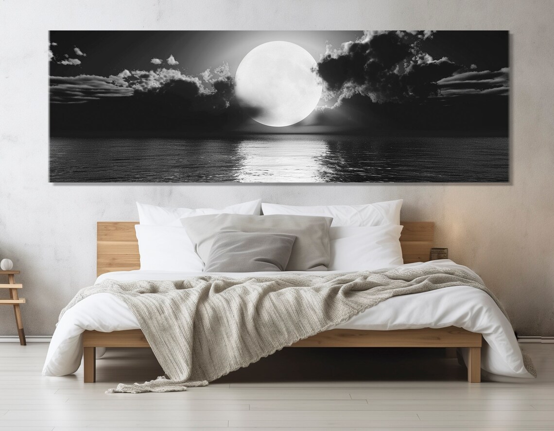 Moon Over Sea, Black And White Coastal Wall Art Print