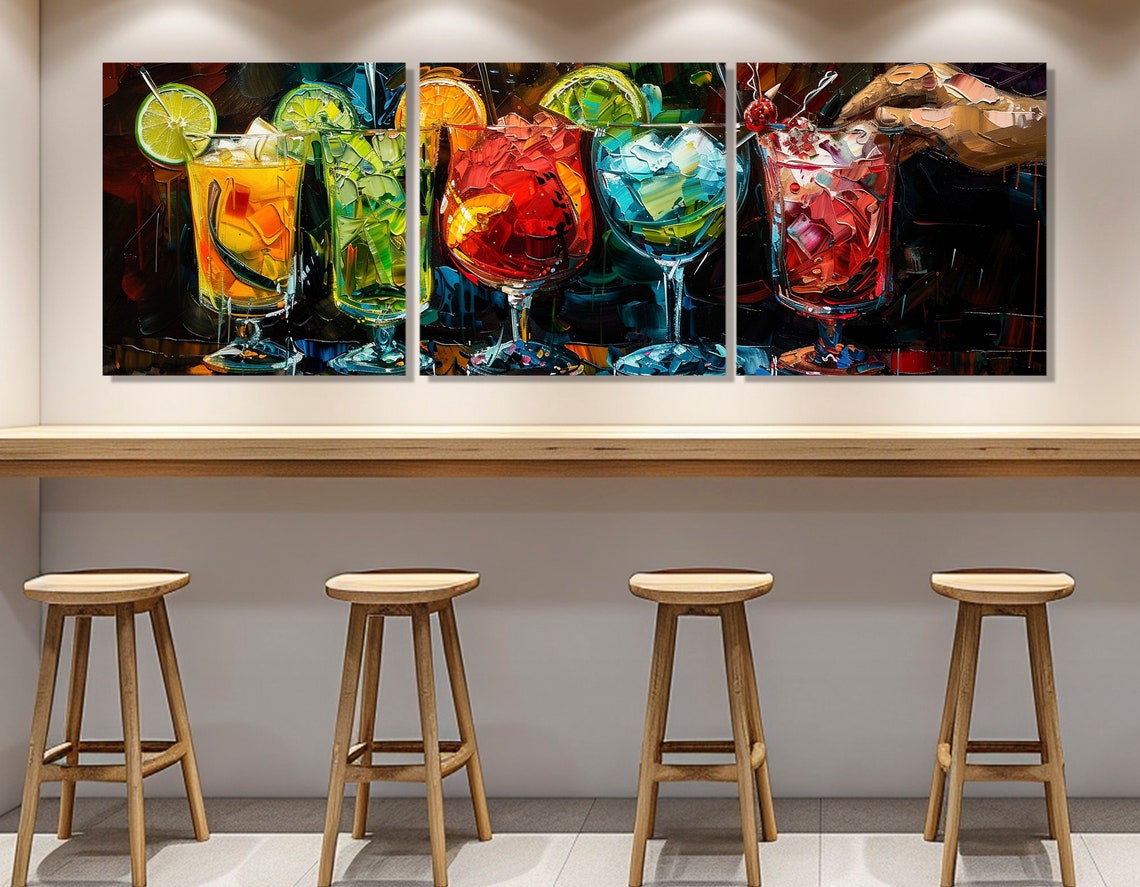 Colorful Cocktails Abstract Impasto Painting Five Drinks Bar Wall Art - Image 4