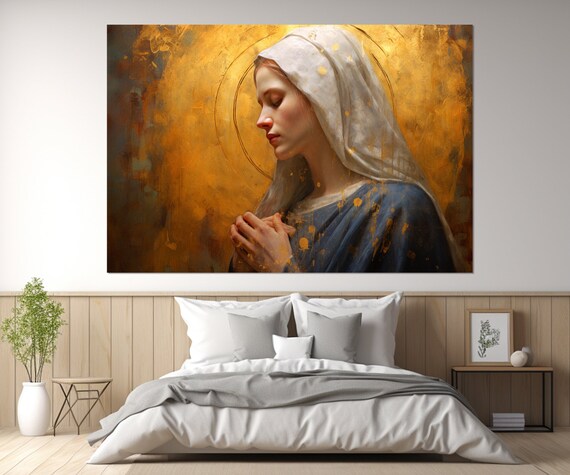 Blessed Virgin Mary Praying Golden Halo Religious Christian Wall Art Poster