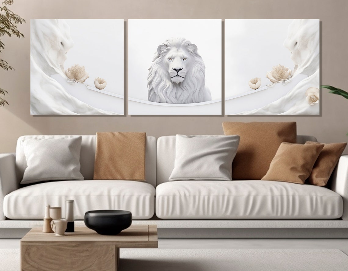White Lion Portrait Three Panel Split Canvas Minimalist Animal Poster