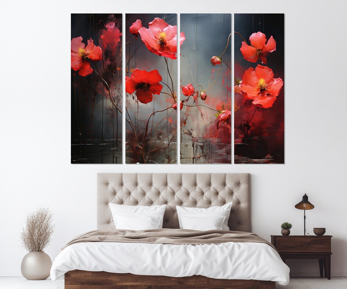 Red Poppies Abstract Floral Painting Dark Moody Blossom Art Poster - Image 3