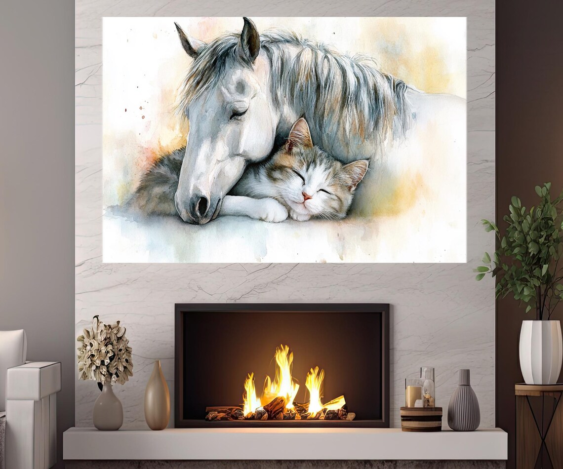 White Horse and Sleeping Tabby Cat Watercolor Tender Friendship Art Poster - Image 2