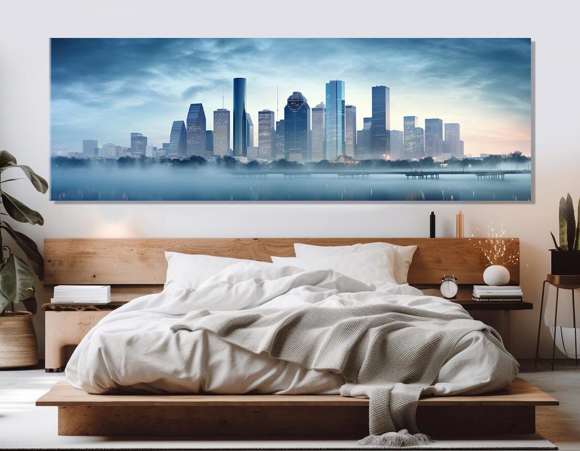 Misty Houston Skyline At Dawn With Calm Water Reflection Poster