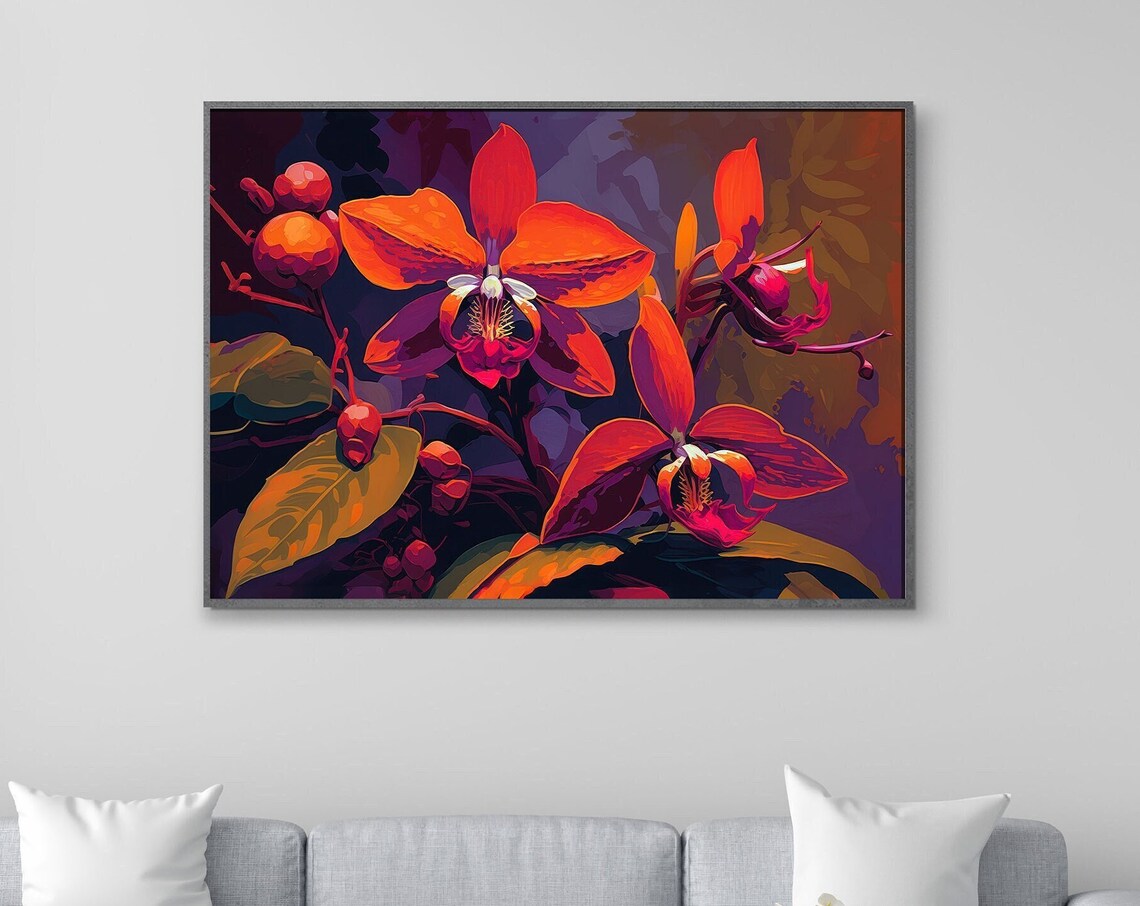 Orange Orchid Blossoms On Dark Purple Tropical Floral Poster