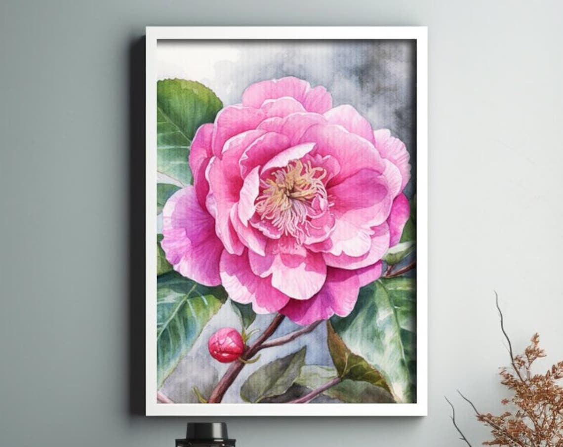 Pink Camellia Blossom Watercolor Floral Botanical Painting Print