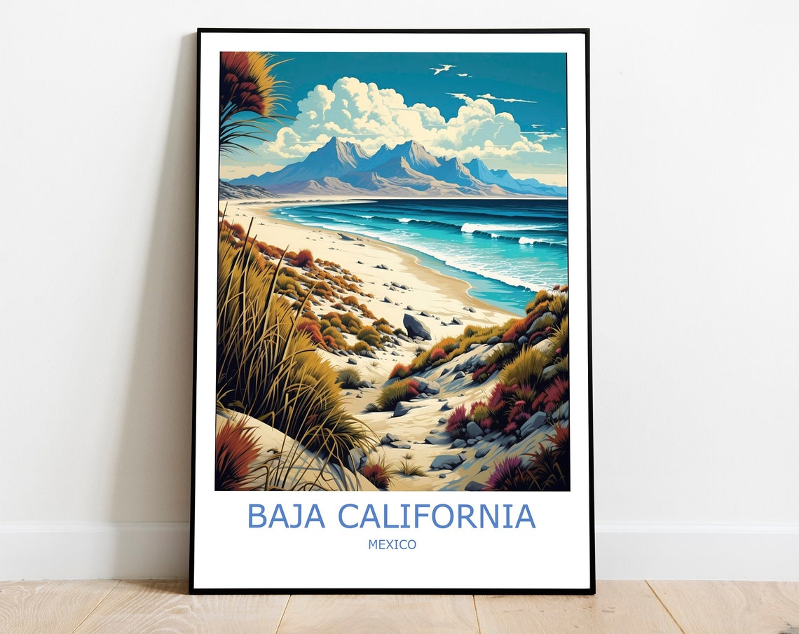 Baja California Desert Beach Dunes Ocean Mountain Travel Poster