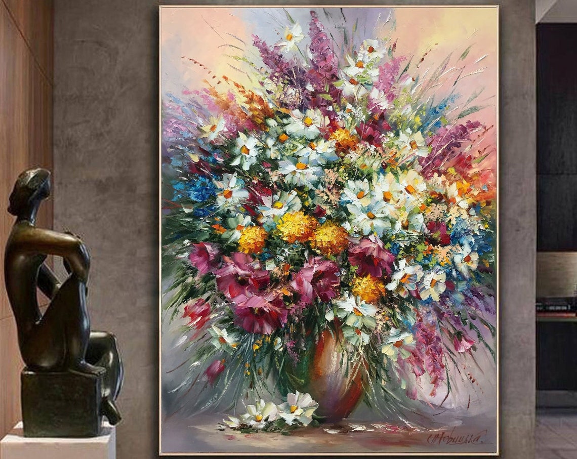 Original Flower In A Vase Painting On Garden Flowers Painting Floral Wall Art Bright Still Life Flower Oil Painting For Kitchen