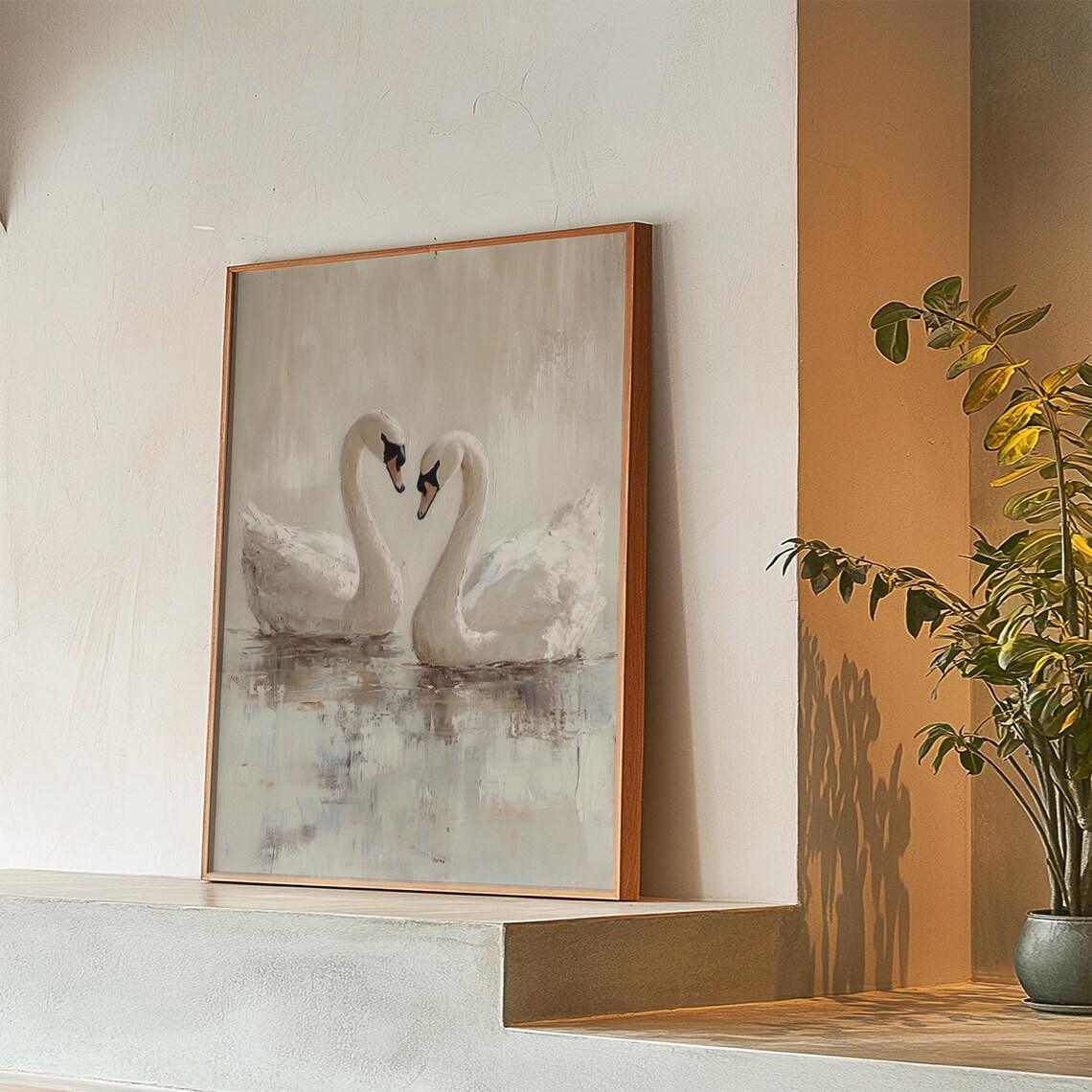 White Swan Couple Oil Painting Print, Rustic Vintage - Image 3