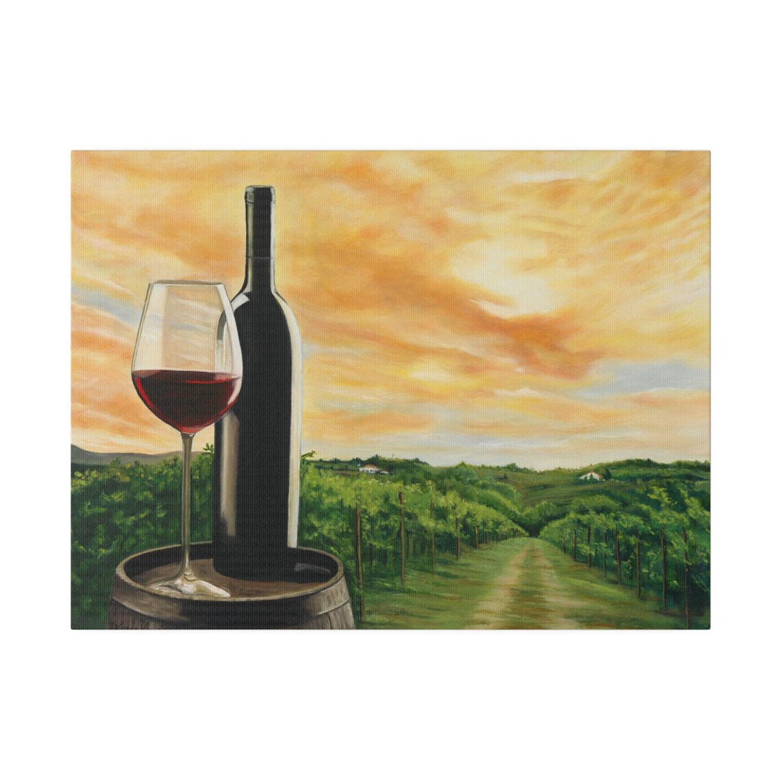 Wine Bottle Glass Barrel Vineyard Sunset Golden Sky Country Poster - Image 5