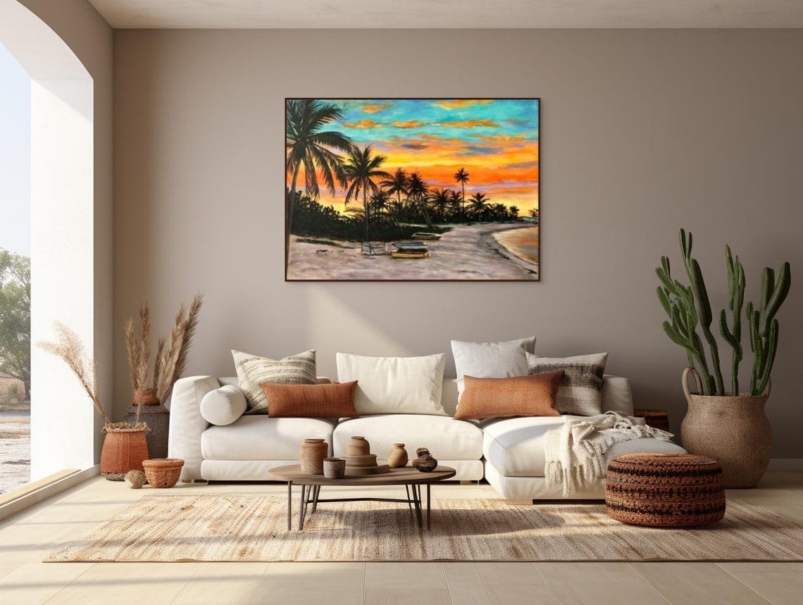 Island Beach Sunset Silhouette Palms Boats Orange Gold Sky Poster - Image 2