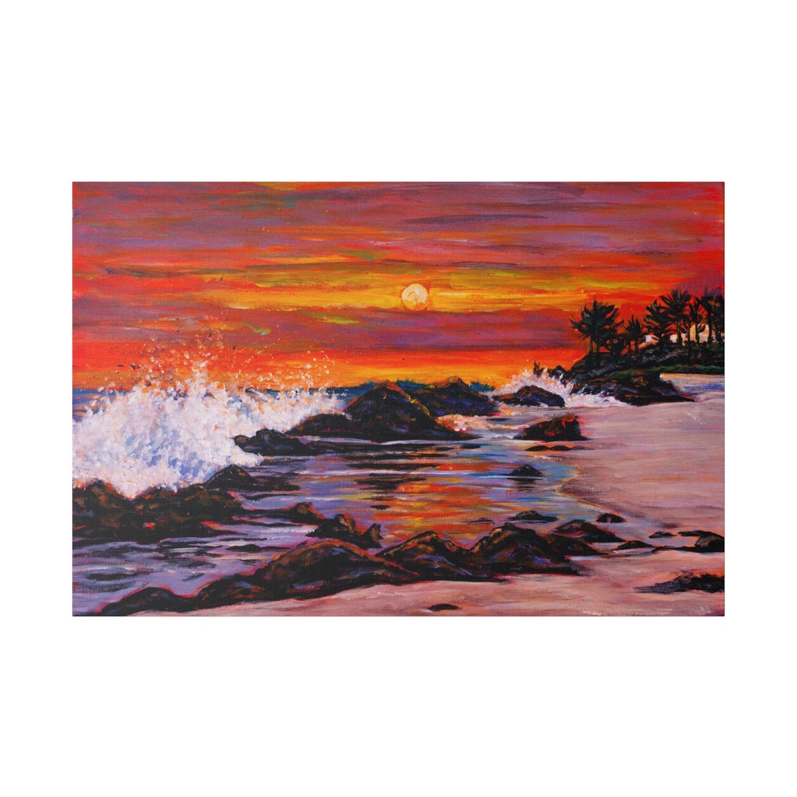 Rocky Shoreline Sunset Waves Crash Orange Sky Ocean Beach Poster - Image 5