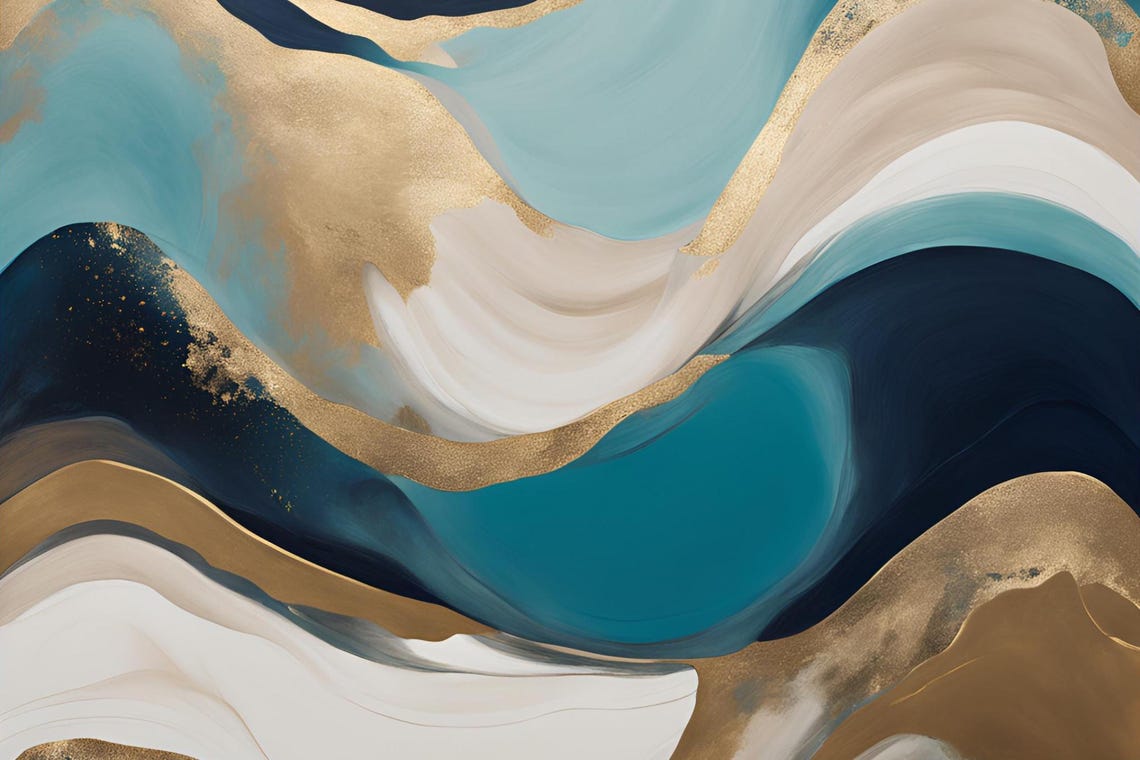 Abstract Flowing Waves Teal Navy Gold White Modern Art Poster - Image 5