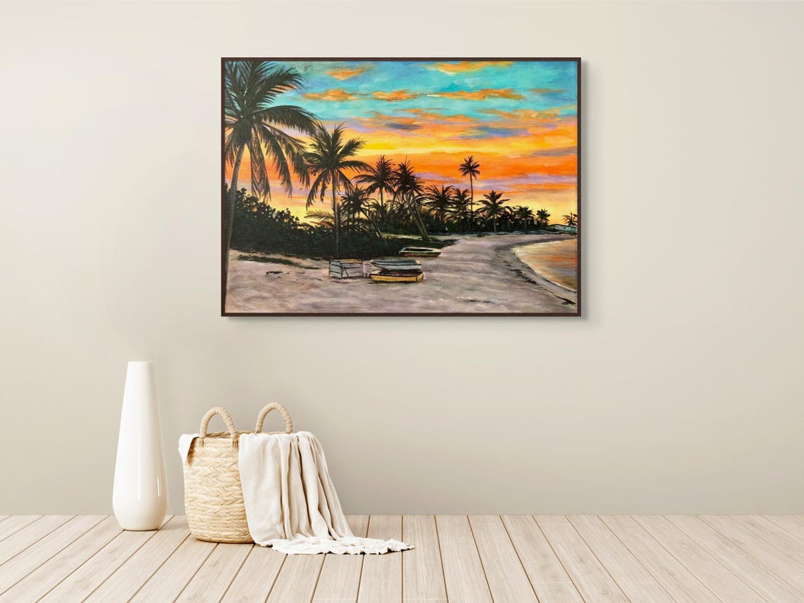Island Beach Sunset Silhouette Palms Boats Orange Gold Sky Poster - Image 3