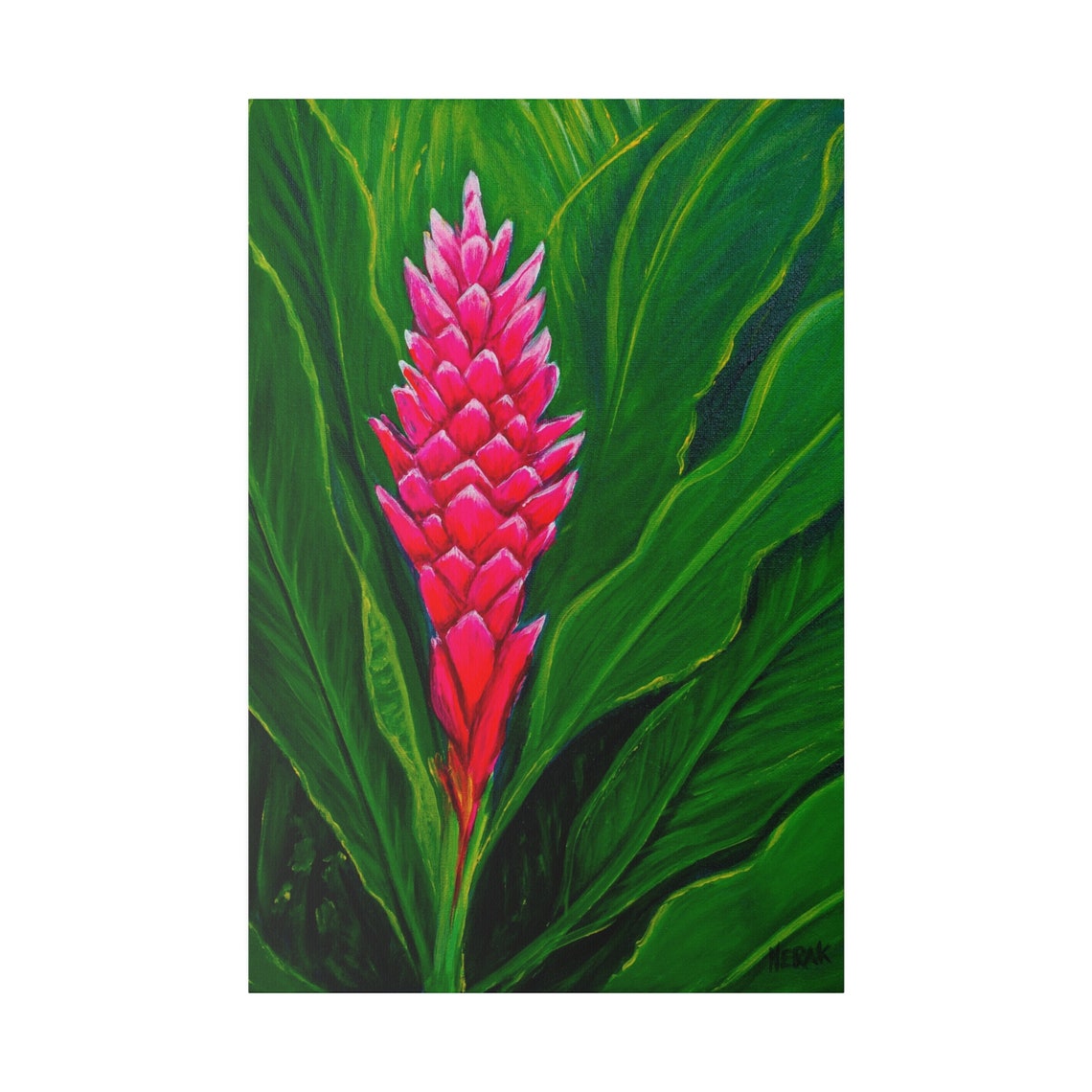 Pink Torch Ginger Flower Painting Tropical Bloom Green Leaves Poster - Image 5