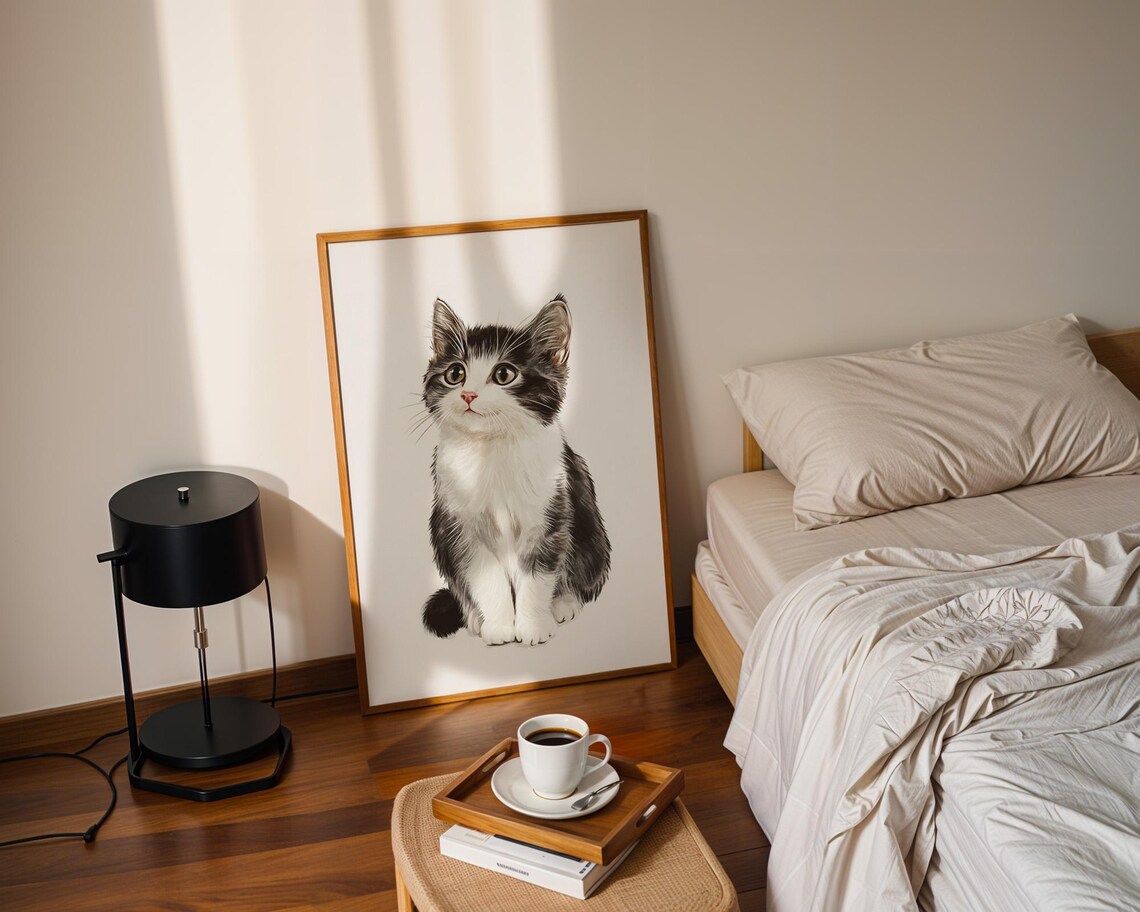 Sweet Black and White Kitten Sitting Cat Lovers Decor Poster - Image 6