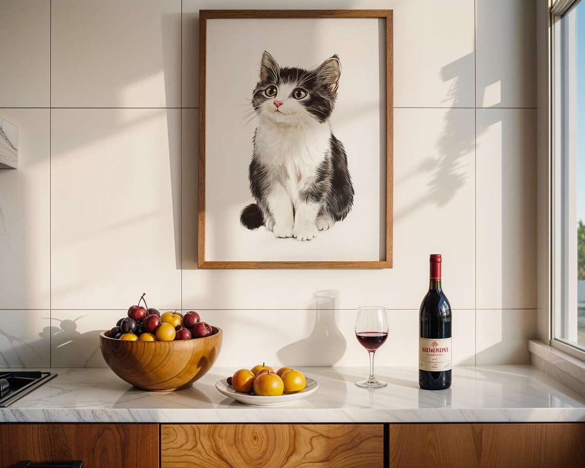 Sweet Black and White Kitten Sitting Cat Lovers Decor Poster - Image 3