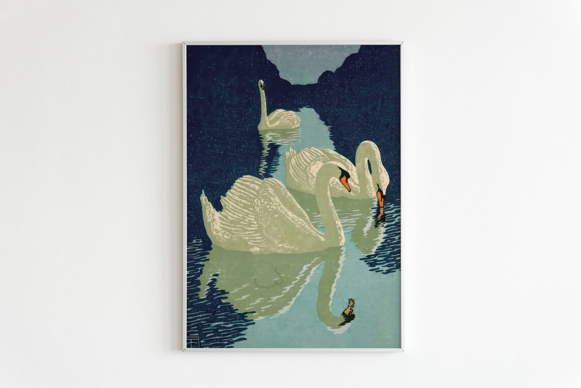 Vintage White Swans On Dark Water Woodblock Style Bird Art Poster