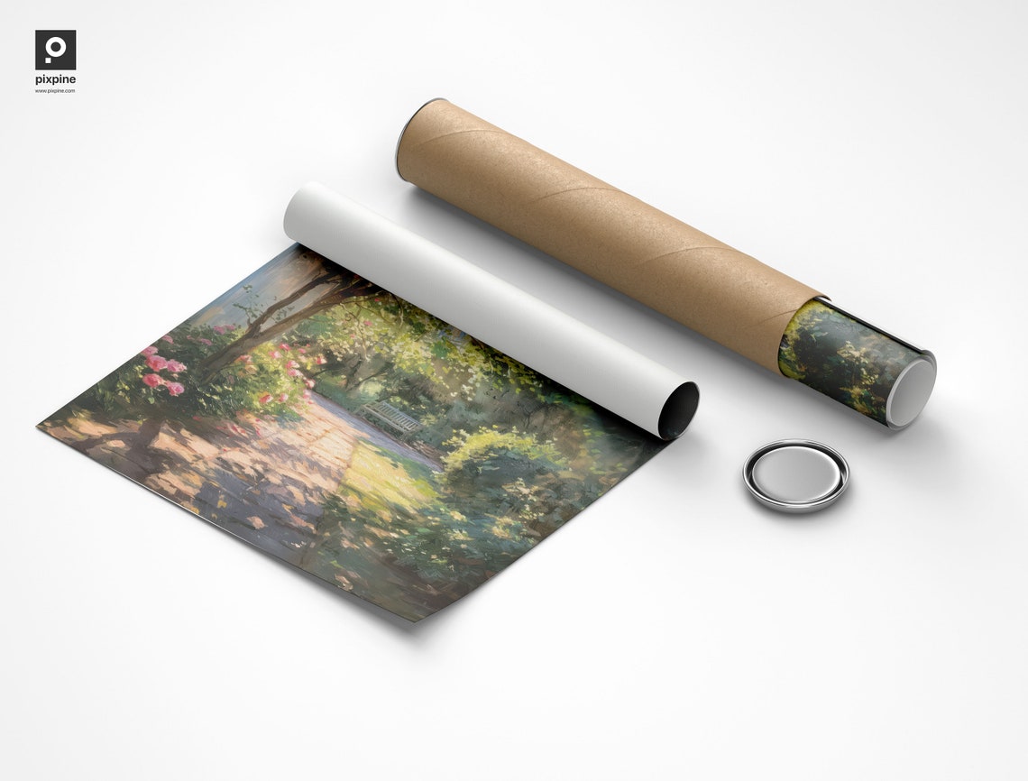 Sunlit Garden Path with Pink Roses Impressionist Landscape Poster - Image 3