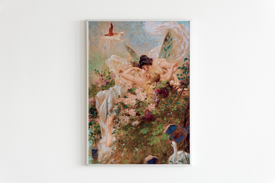 Antique Fairies Embracing Among Roses Romantic Fantasy Art Poster