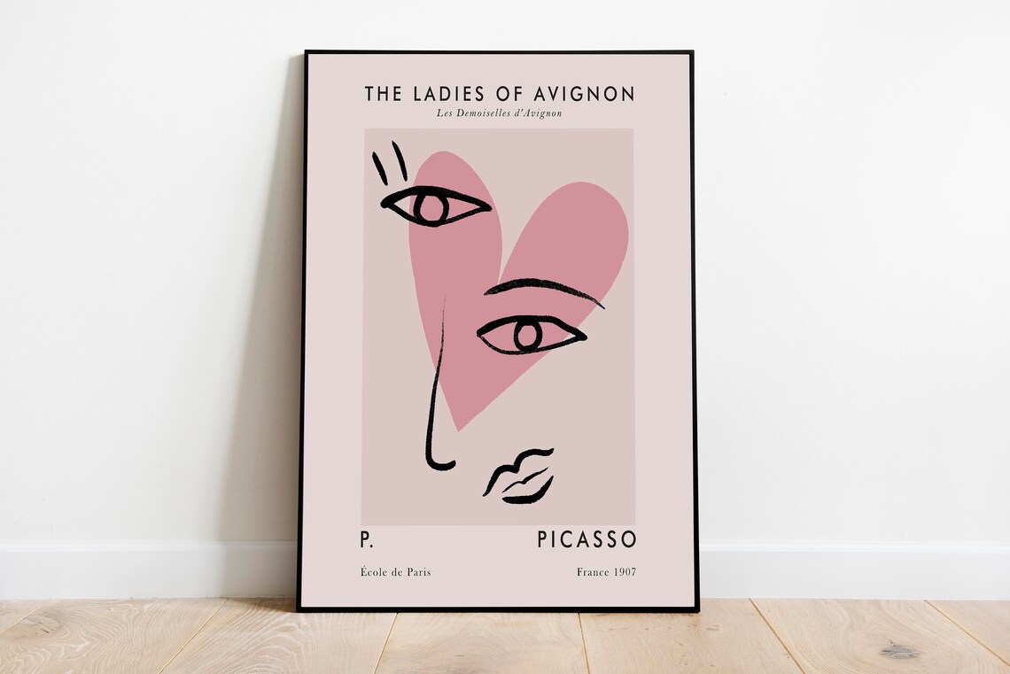 Picasso Ladies of Avignon Pink Heart Face Line Art Exhibition Poster - Image 3