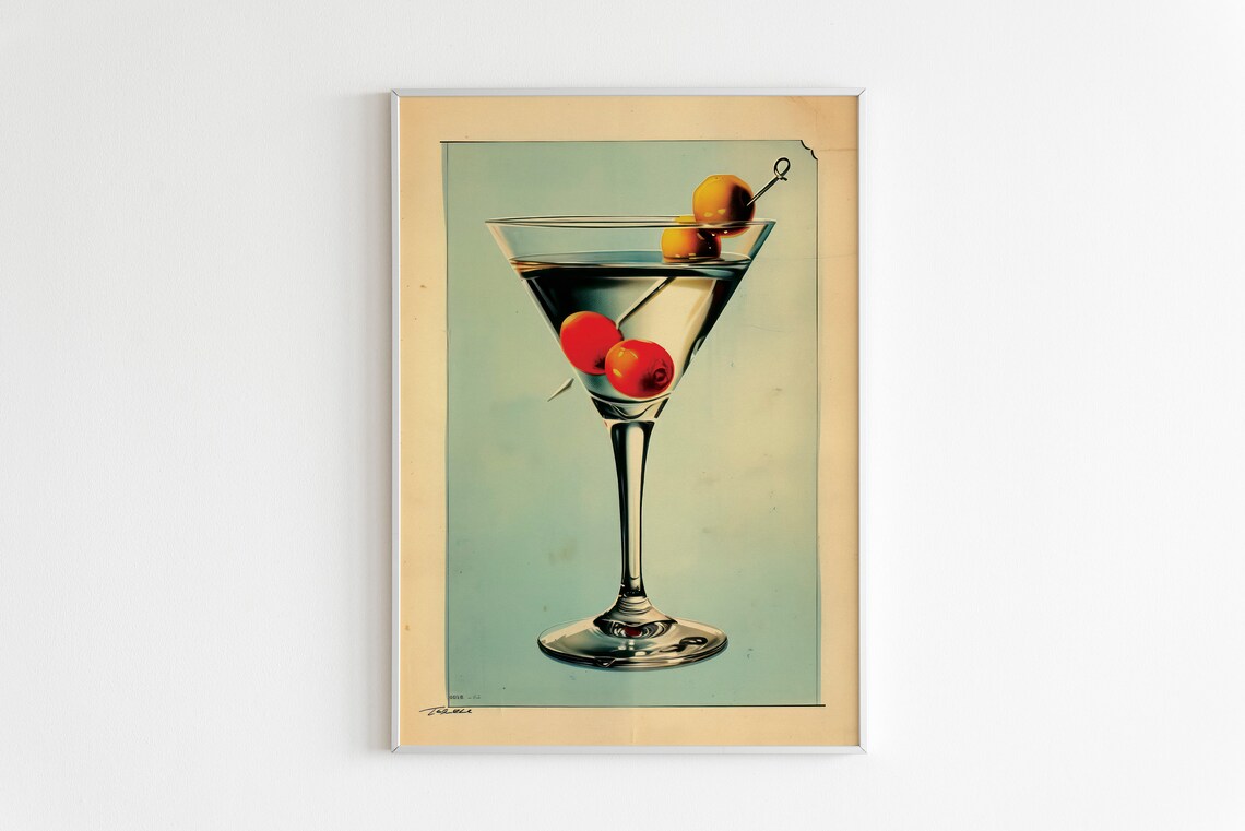Retro Martini Cocktail Glass With Olives Vintage Style Drink Poster