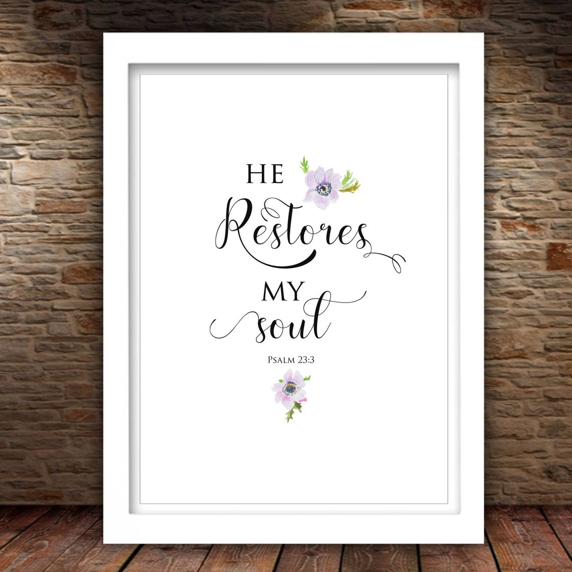 He Restores My Soul Psalm 23 3 Minimal Floral Scripture Poster - Image 2
