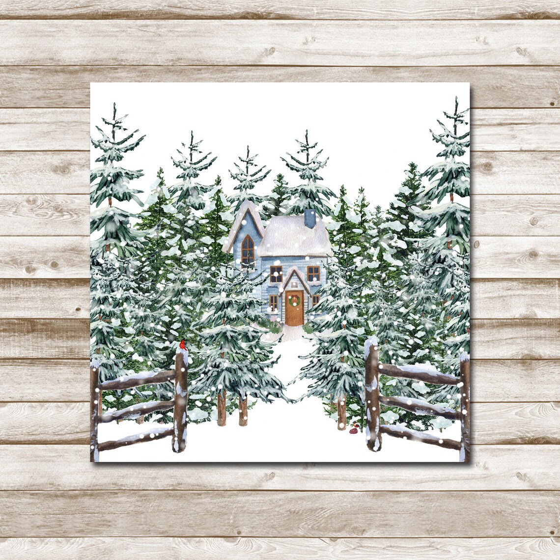 Blue Cabin Snowy Pines Wreath Door Winter Wonderland Watercolor Poster - Image 4